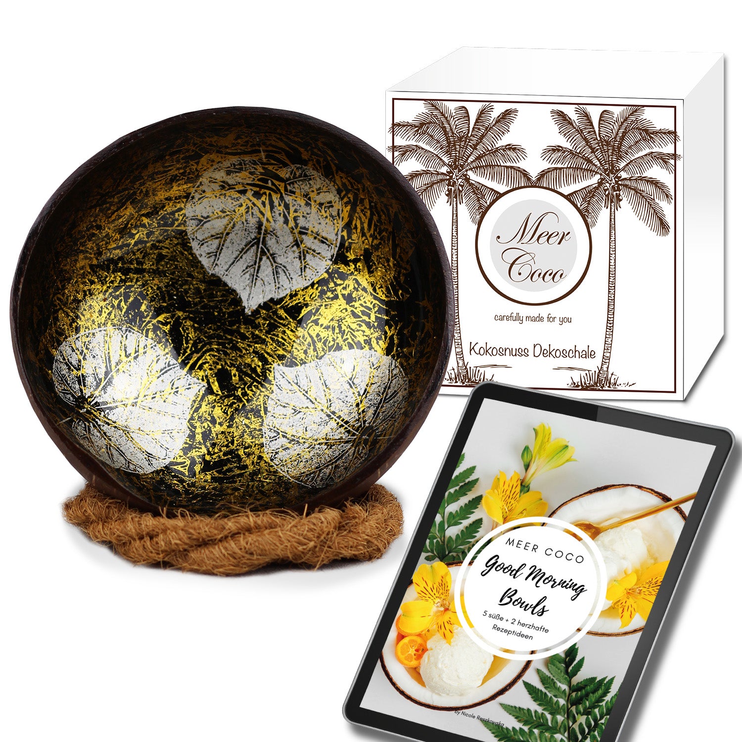 KUBA - Kokosnuss Schale Golden Bowl inkl. Rezepte E-Book und Schalen Halter Meer Coco