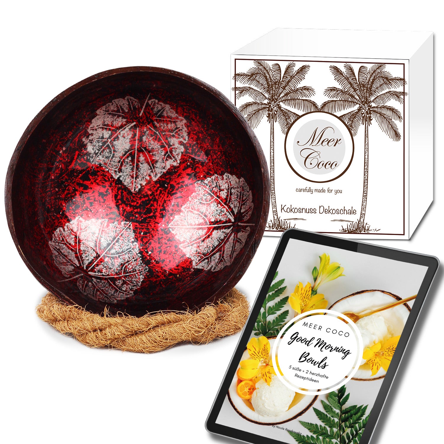 CURACAO - Kokosnuss Schale Rote Bowl inkl. Rezepte E-Book und Schalen Halter Meer Coco