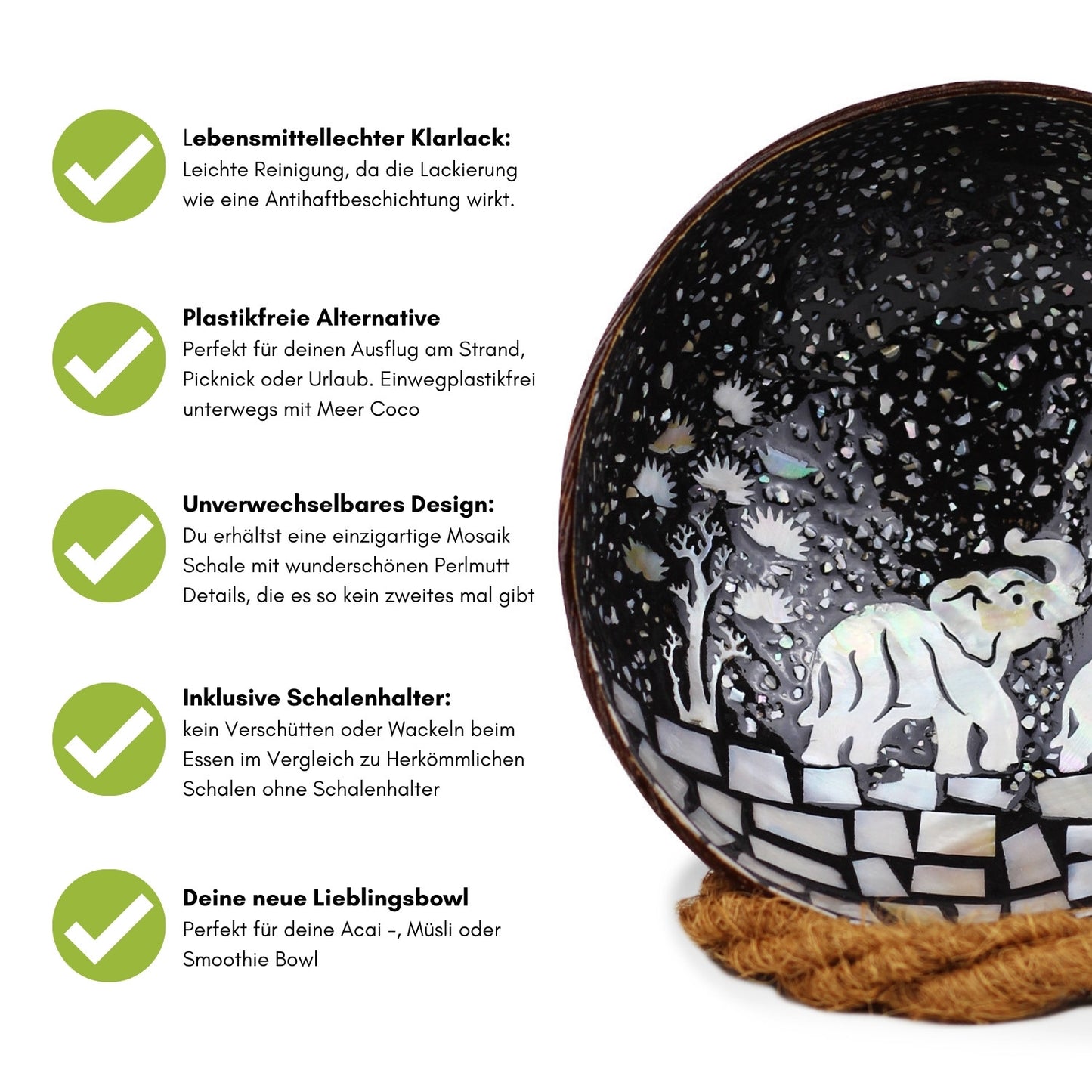 ELEPHANT ISLAND - Kokosnuss Schale Elefant Mosaik Design, schwarz
