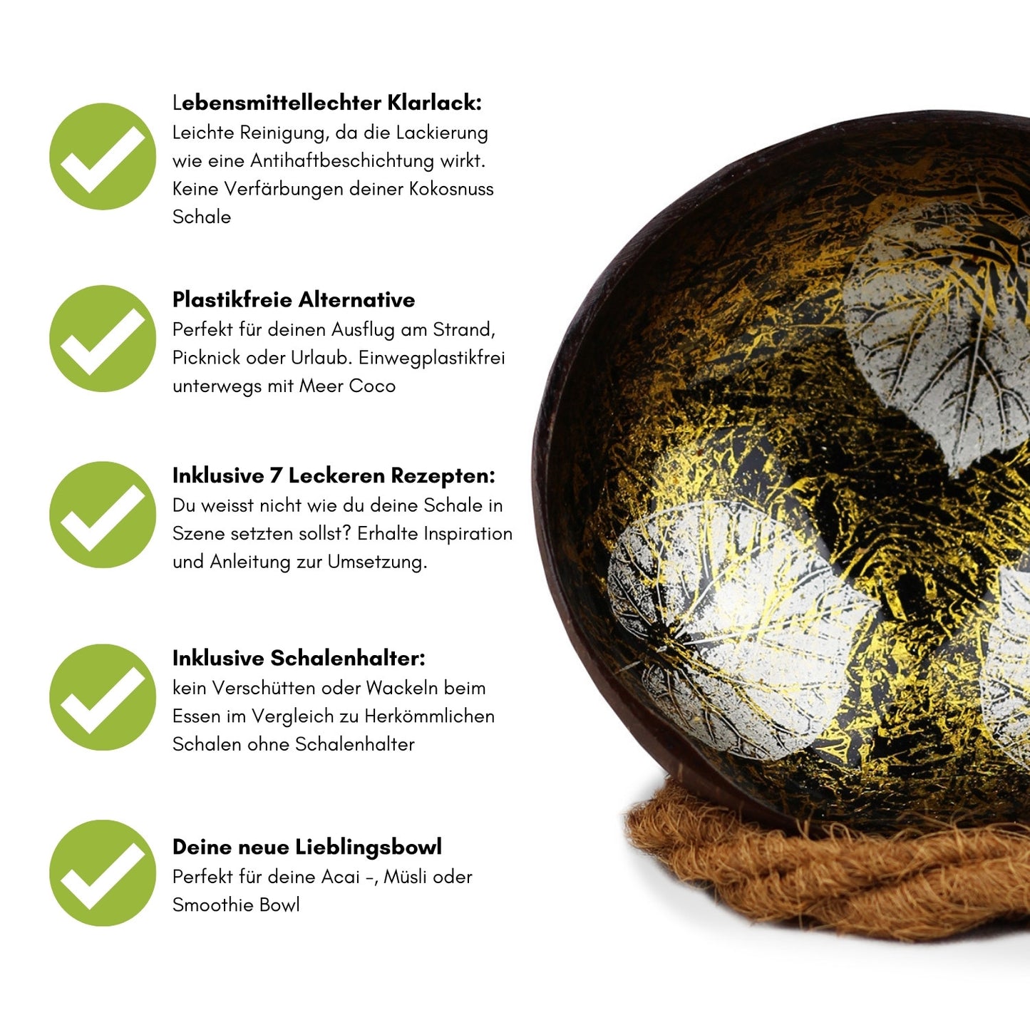KUBA - Kokosnuss Schale Golden Bowl inkl. Rezepte E-Book und Schalen Halter