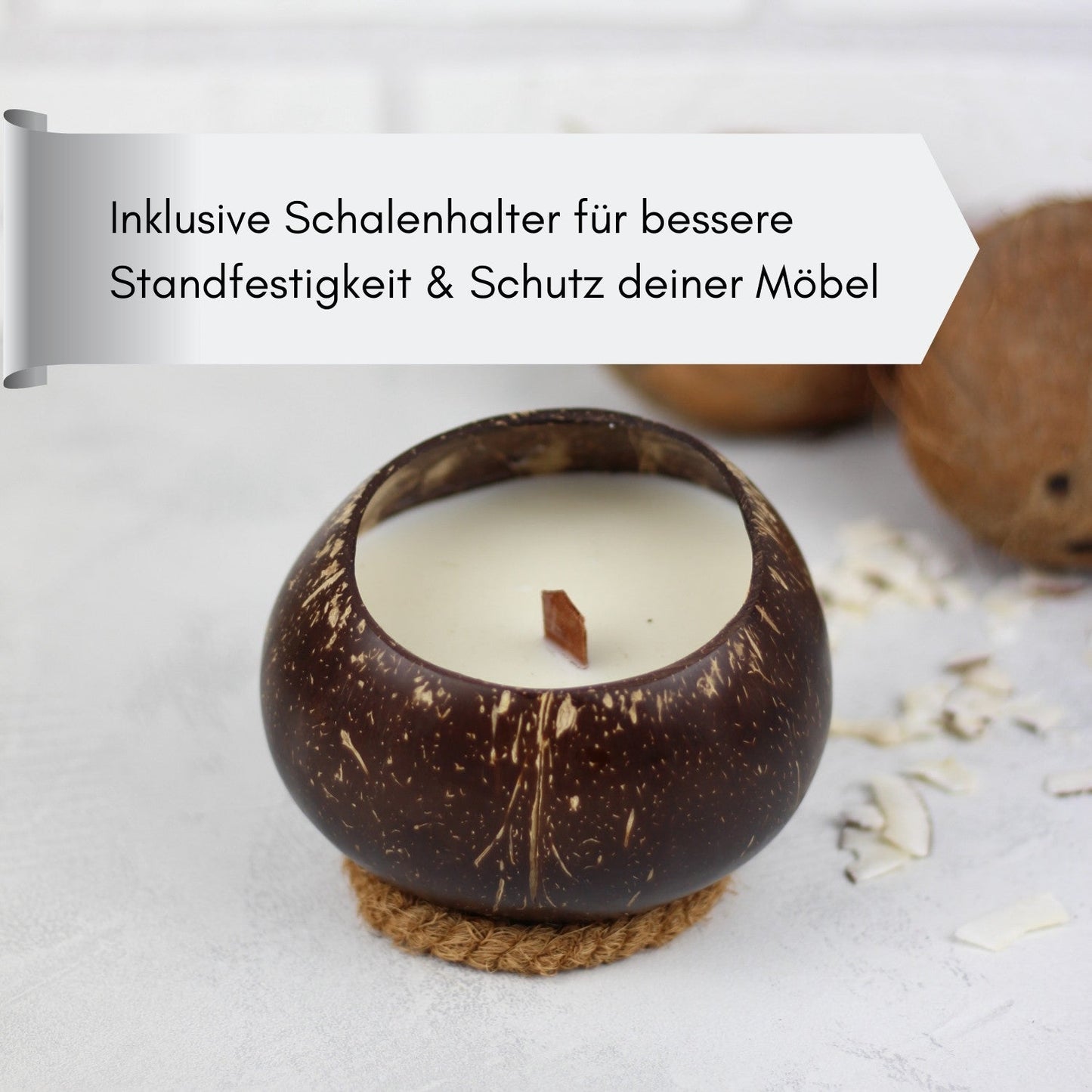 BALI - Duft Kerze in Kokosnuss Schale inkl. Untersetzer, Jasmin Sandelholz Duft
