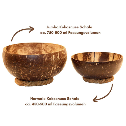 2 x XXL Kokosnussschale, Jumbo Coconut Bowl mit Palmen Design verziert INKL. Schalenhalter und Löffel